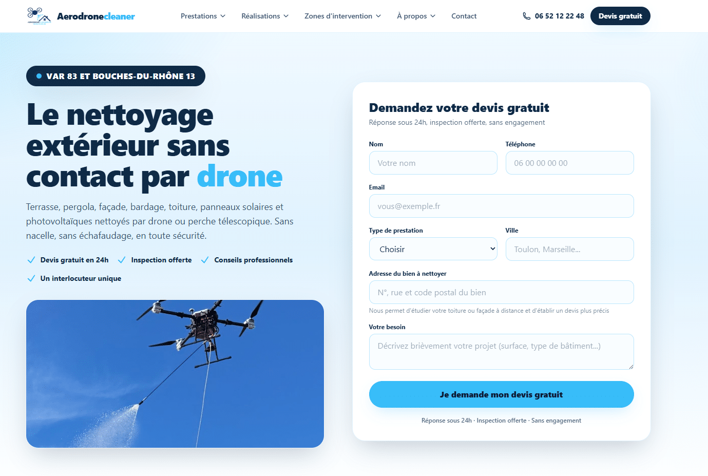 Site d'Aerodrone Cleaner, nettoyage extérieur sans contact par drone, conçu par TroisSix